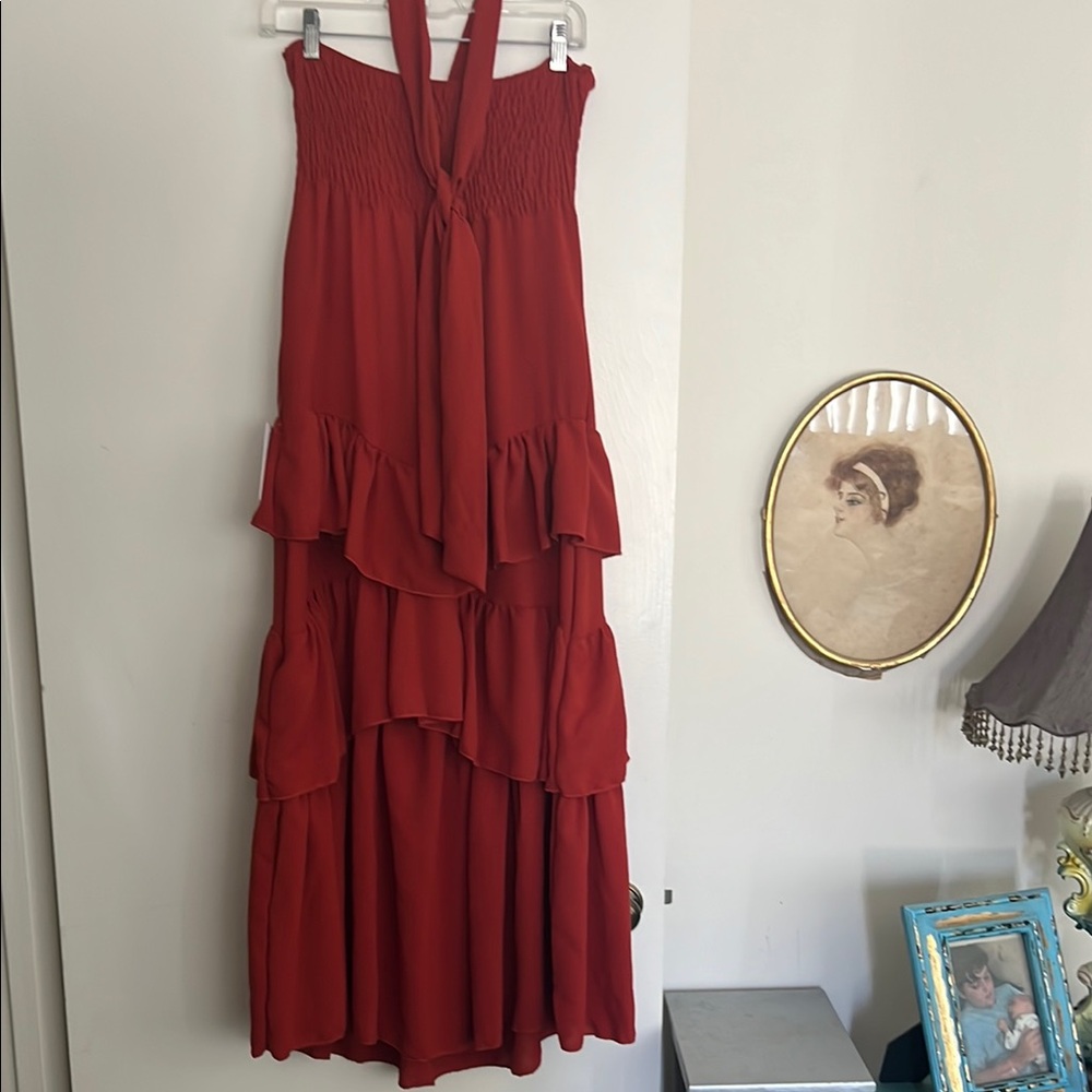 Red Ruffled Tiered Halter Dress - Picture 4 of 5